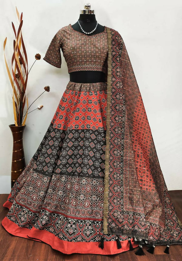 Preksha Creation Indian Navratri Special Cotton Women Lehenga Choli With print work and lucknowi print dupatta - Brown - Distacart
