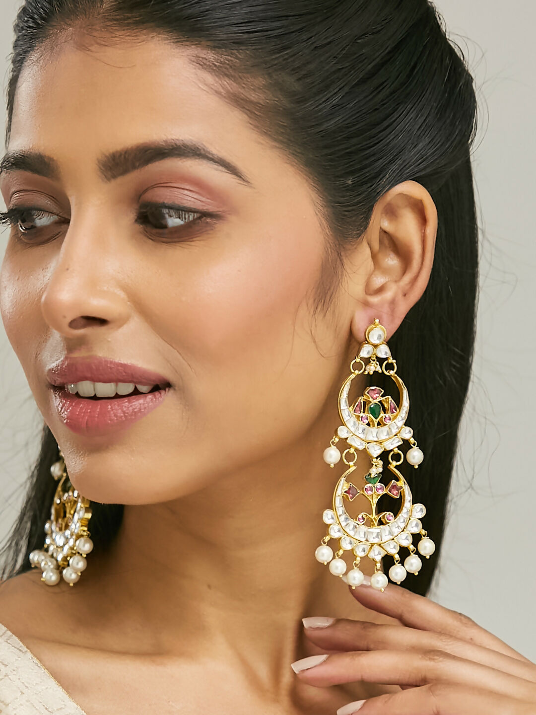 Nuyug 22K Gold-Plated Kundan Studded & Pearl Beaded Layered Chandbalis