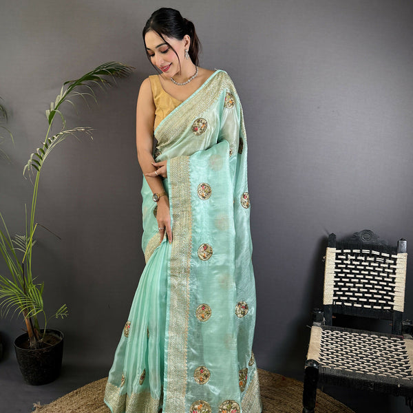 Joban Fashion Sky Blue Handloom Banarasi Organza Silk Khatali Butta Work Saree
