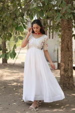 Thumbnail for Aastha Fashion Women's White Faux Blooming Embroidery Zari Sequins-work Gown - Distacart