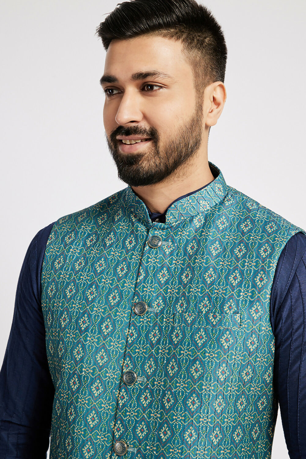 Ethnic India Indigo Blue Bundi Men's Jacket Geometric Polyester - Distacart
