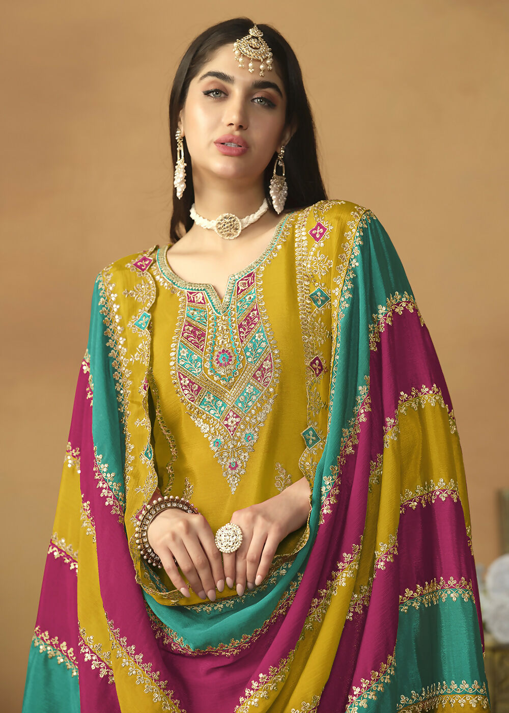 Chinnon Silk Yellow Salwar Suit with Multicolor Dupatta - Emponline - Distacart