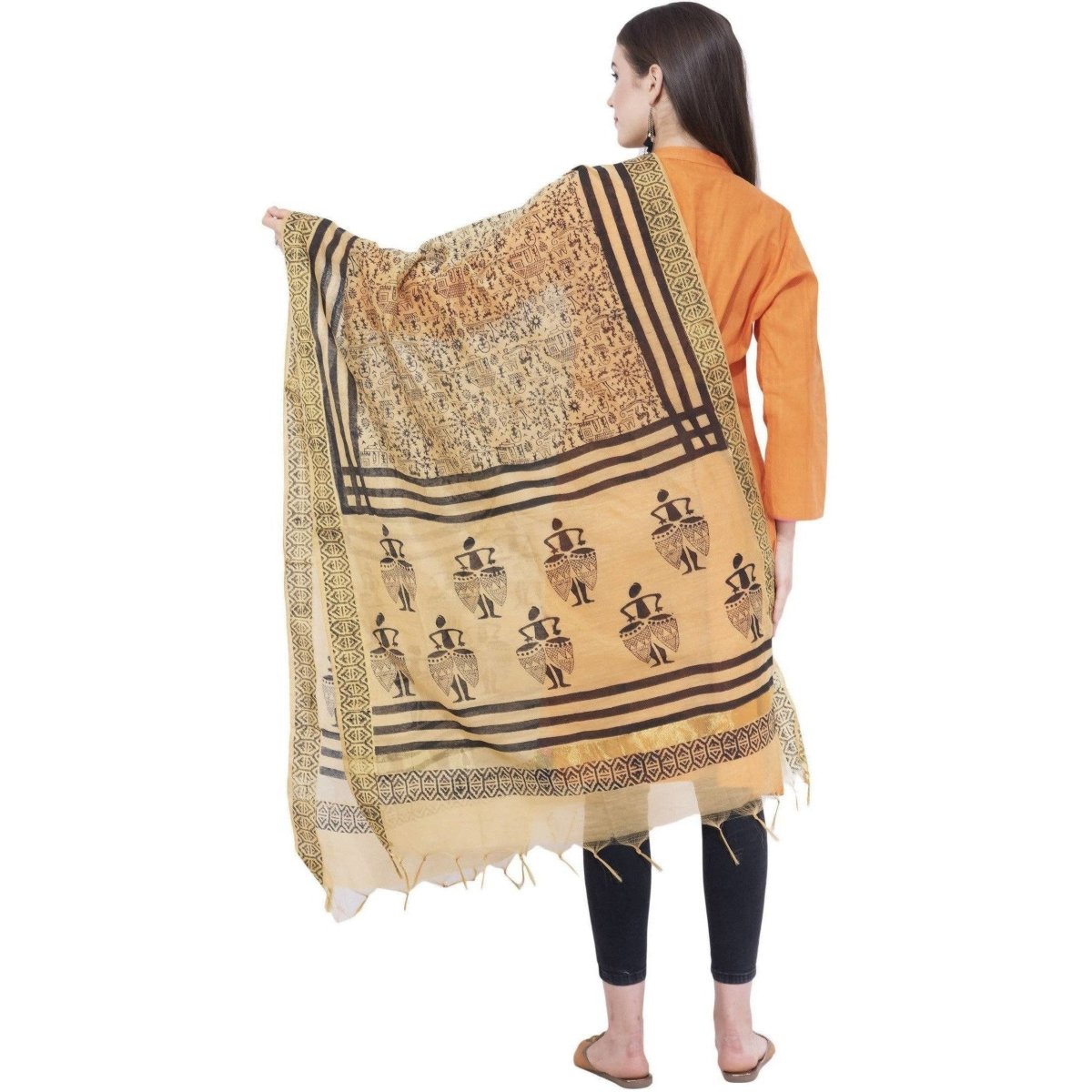 A R Silk Women's Block Print Chanderi Cotton Dark Golden Dupattas and Chunnis