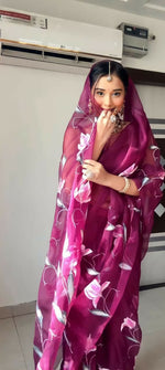 Thumbnail for Malishka Organza Silk Embroidery Ready To Wear Saree With Blouse Piece - Wine - Distacart