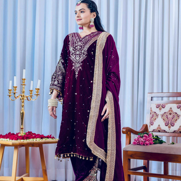 Joban Fashion deep Plum Velvet Embroidery Kurta Set - Distacart