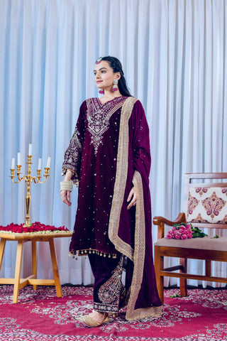 Joban Fashion deep Plum Velvet Embroidery Kurta Set