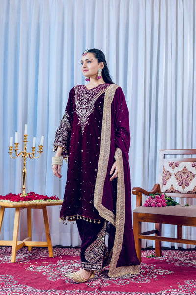 Joban Fashion deep Plum Velvet Embroidery Kurta Set