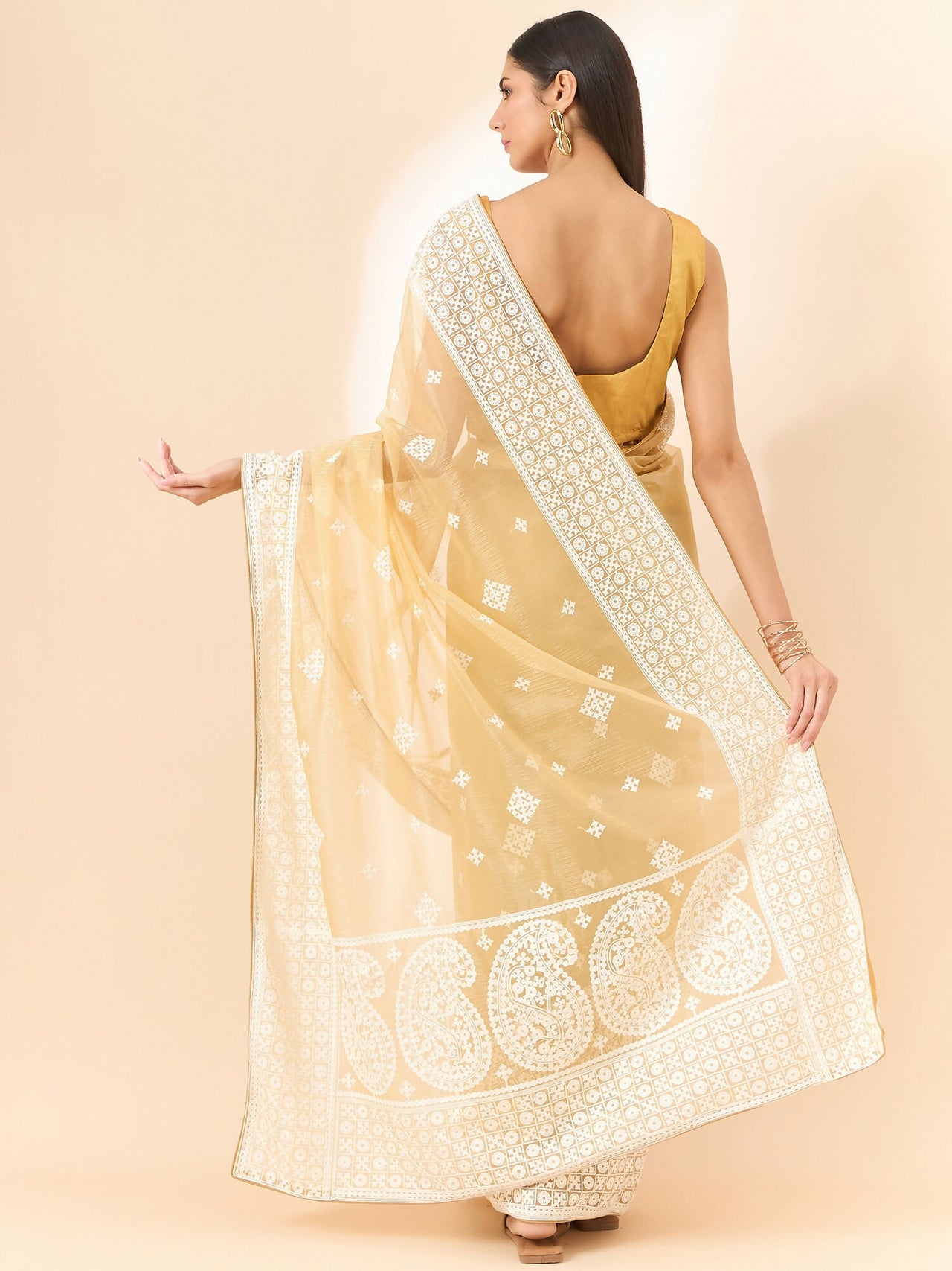 Beige Organza Geometric Embroidered Saree with Unstitched Blouse Piece - Roozal - Distacart