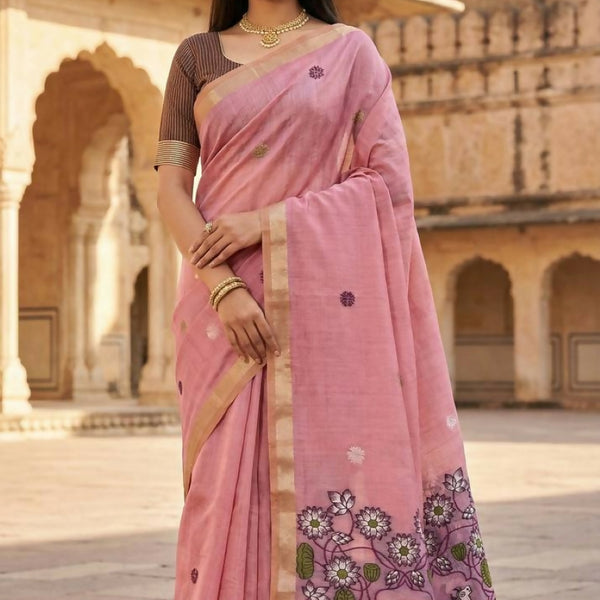 Vastranavya Pink Muga Cotton Meenakari & Azarakh Pallu Saree with Contrast Blouse - Distacart