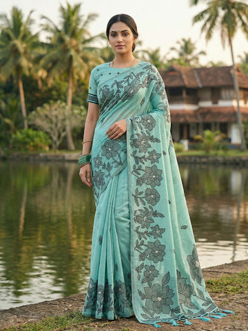 Shree Shyam Fashion Sea Green Linen Cotton Saree - Distacart