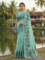 Thumbnail for Shree Shyam Fashion Sea Green Linen Cotton Saree - Distacart