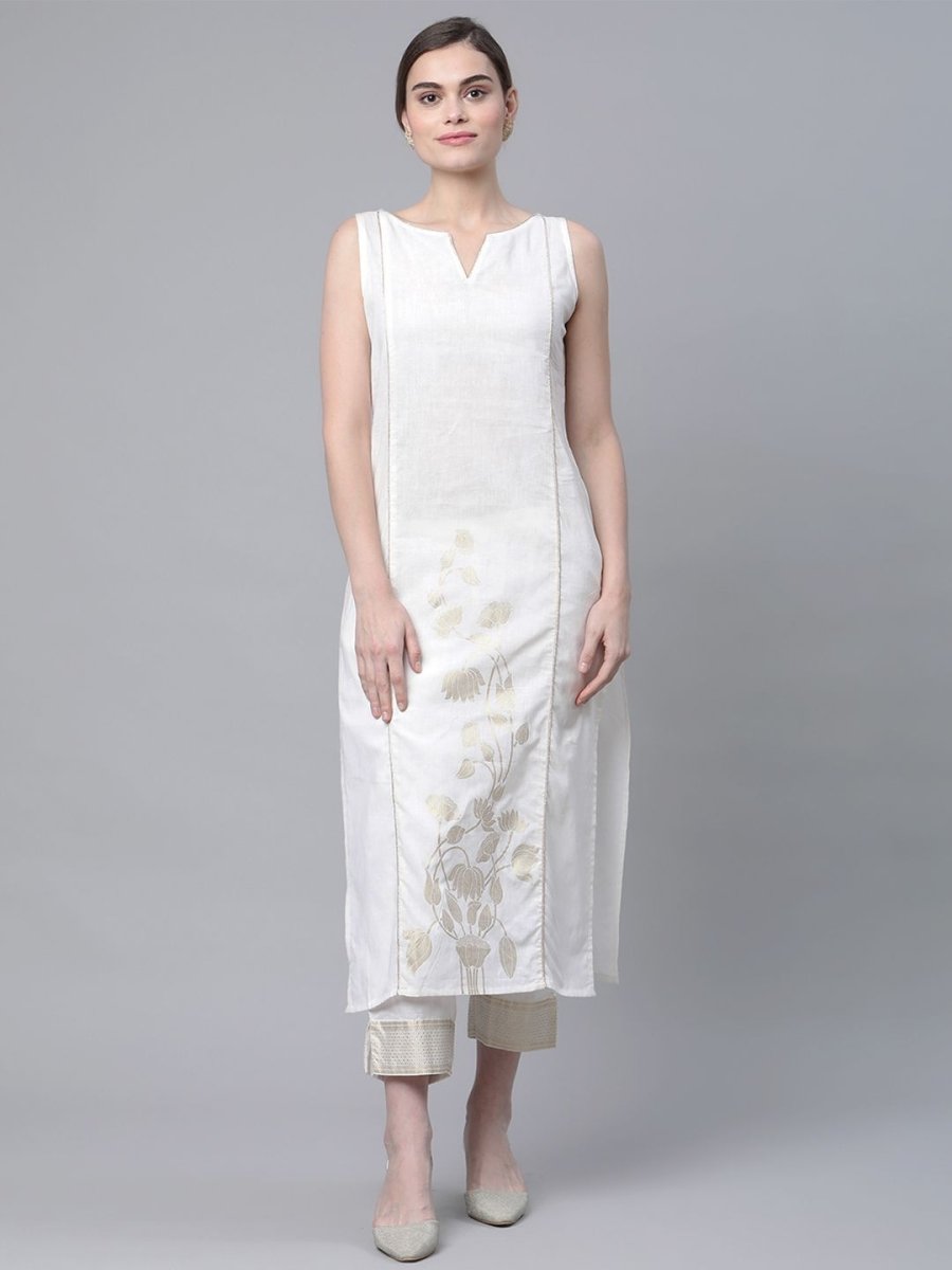 Ahalyaa Women Off White Pure Cotton Printed Kurta with Trousers - Distacart