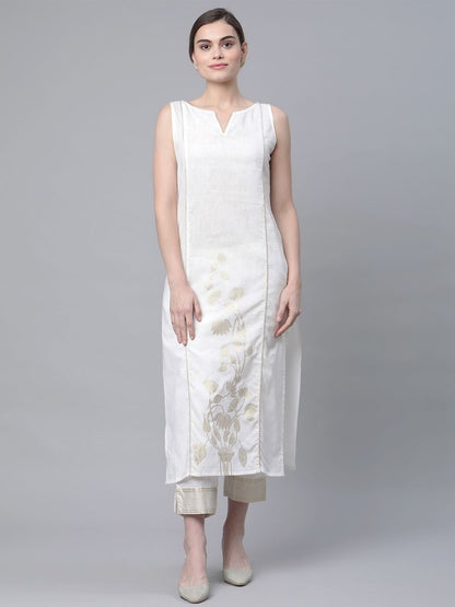 Ahalyaa Women Off White Pure Cotton Printed Kurta with Trousers - Distacart