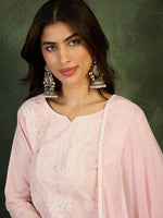 Thumbnail for The52 Baby pink Women's Gorgeous Cotton Blend Fabric Thread Work Straight Kurta, Pant and Dupatta Set - Distacart