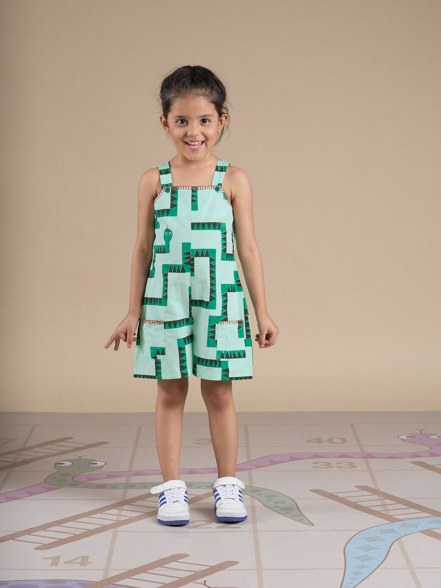 Snakes and Ladders Girls Green Table Print Jumpsuit from Siblings Collection - Distacart