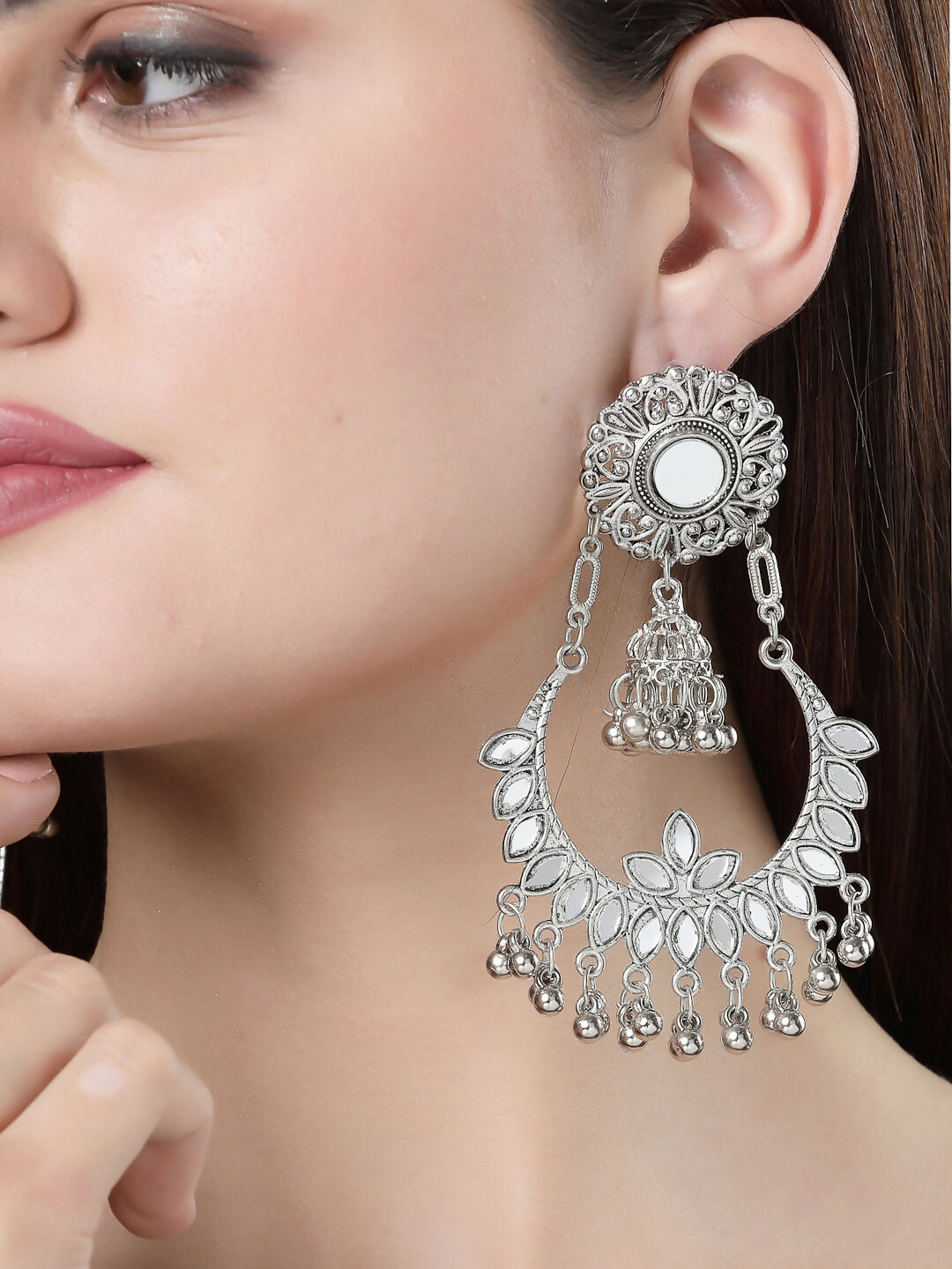NVR Women's Silver-Plated Mirror Work Oxidised Chandbali Earrings - Distacart