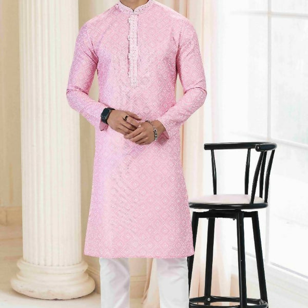 Raivat Ethnic Cotton Thread Work Kurta Pajama In Baby Pink Colour - Dista