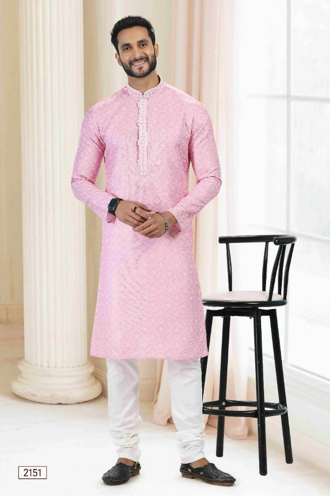 Raivat Ethnic Cotton Thread Work Kurta Pajama In Baby Pink Colour - Dista