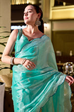 Thumbnail for Vastranavya Turquoise Embroidery Work Shimmer Chiffon Saree with Unstitched Blouse