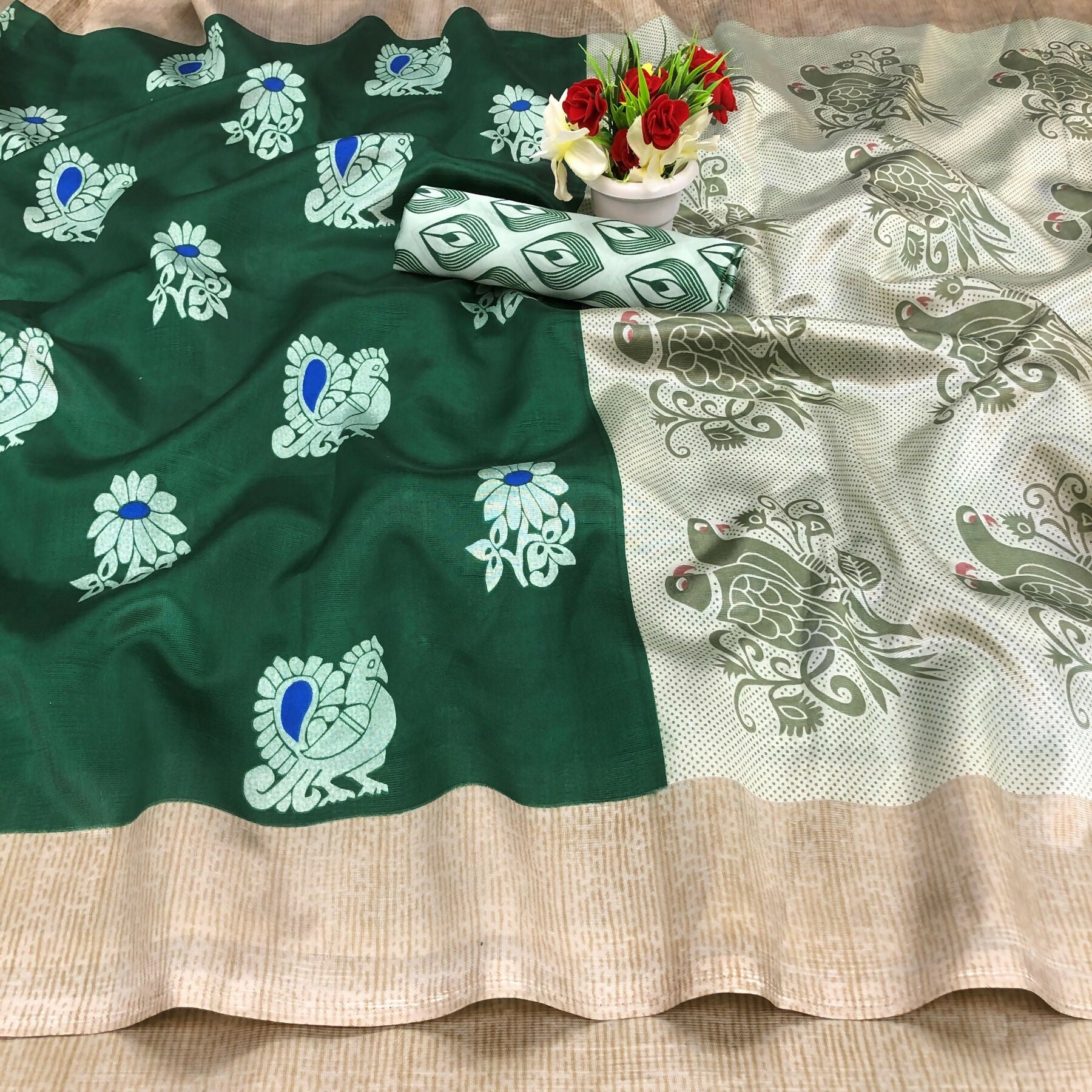 Vamika Green Printed Art Silk Saree - Distacart
