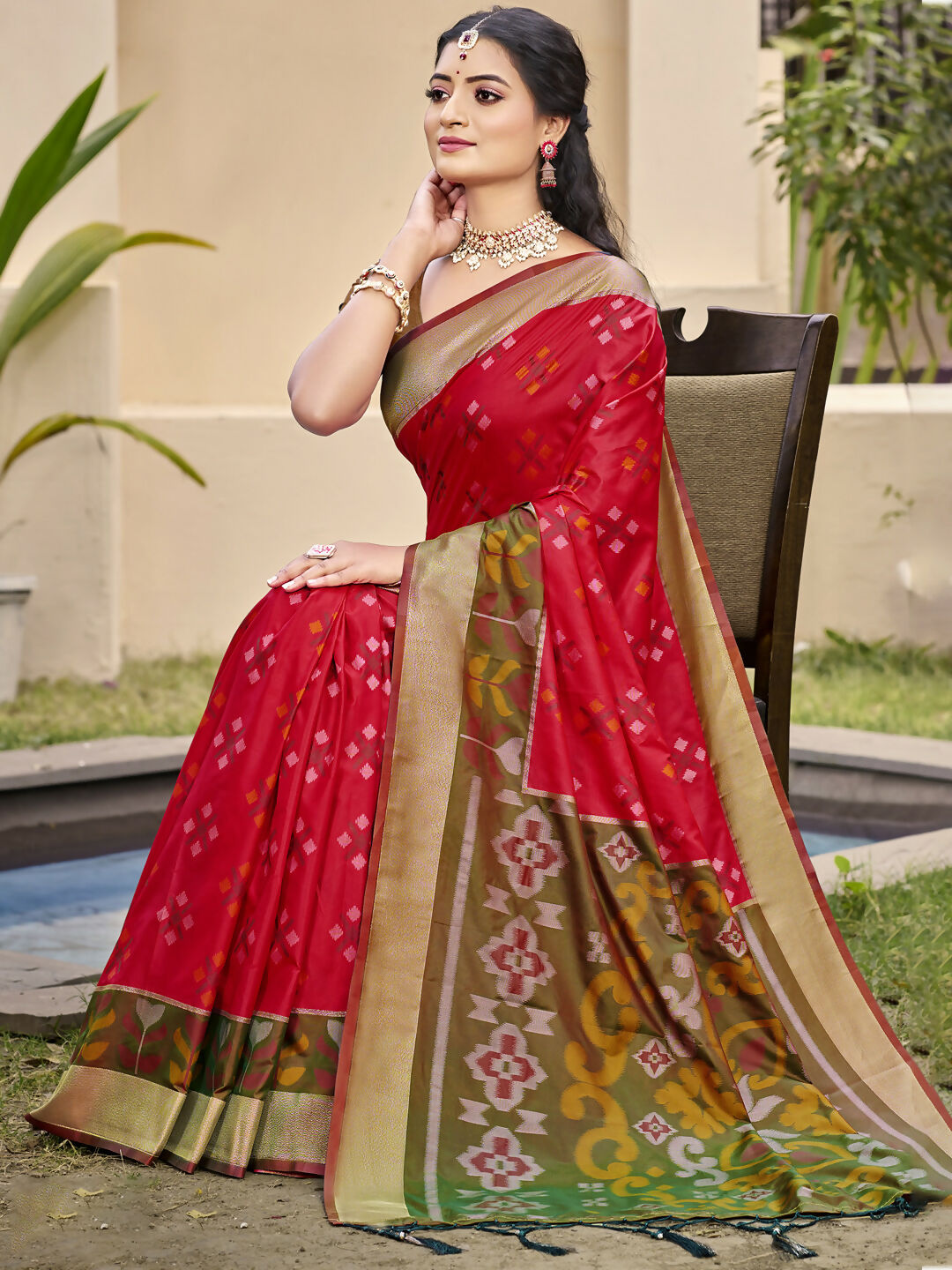 Shree Shyam Fashion Pochampalli Silk Red Saree - Distacart