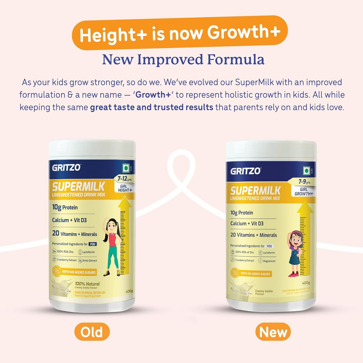 Gritzo SuperMilk Growth+ (Formerly Height+) Unsweetened Drink Mix (7-9y Girls), 10g Protein Powder- Creamy Vanilla - Distacart