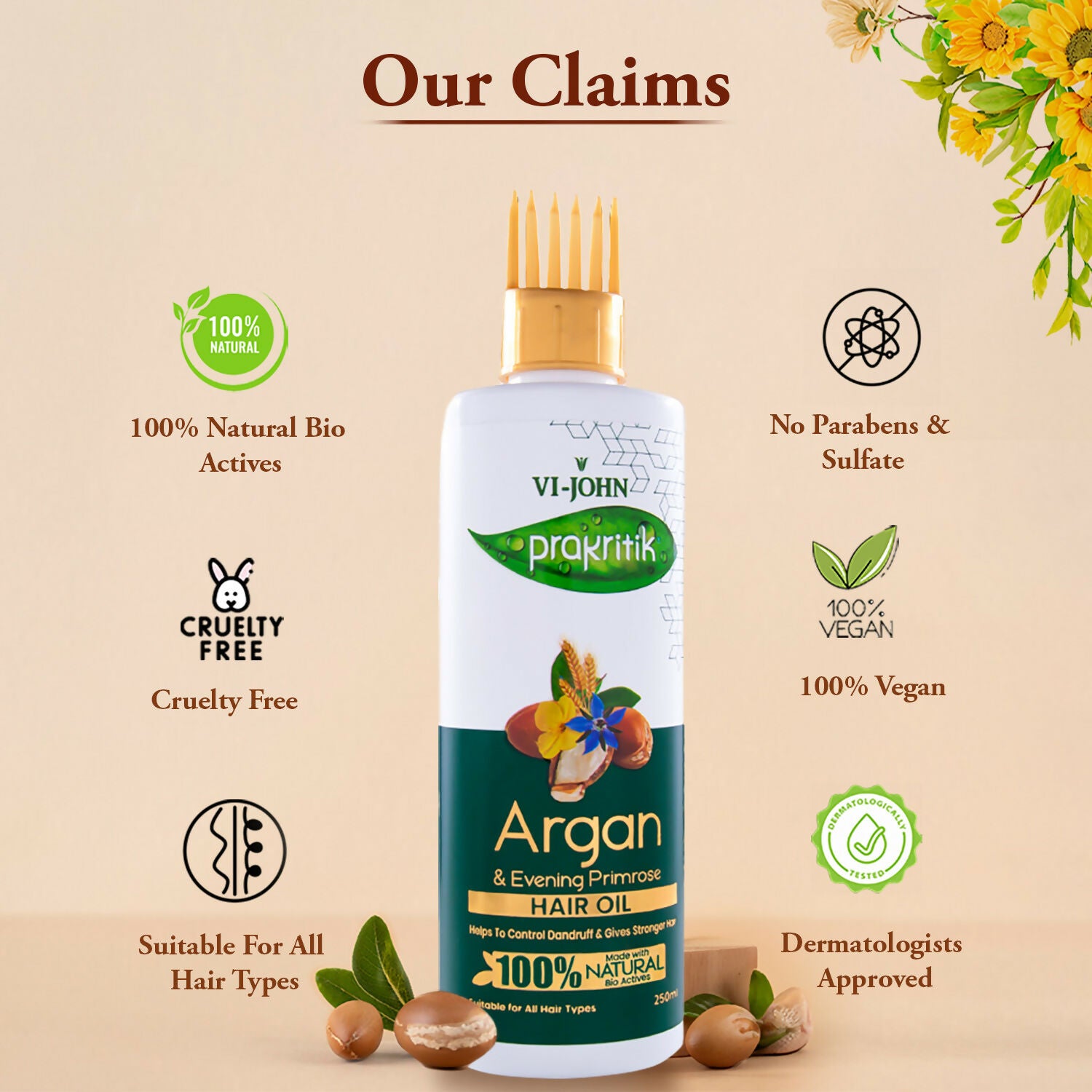 VI-JOHN Prakritik Argan & Evening Primrose Hair oil, Helps to Control Dandruff,100% Bio Actives Hair Oil