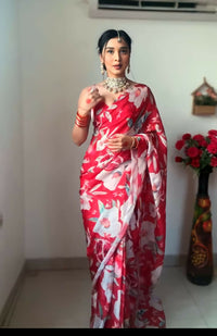 Thumbnail for Malishka Georgette Printed Ready To Wear Saree With Blouse Piece - Red - Distacart