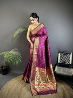 Thumbnail for Joban Fashion Wine Butti Woven Soft Lichi Silk Paithani Saree - Distacart