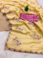Thumbnail for Teeya Creation Yellow Color Pure Paper Silk Heavy Embroidery Work Wedding Wear Saree - Distacart
