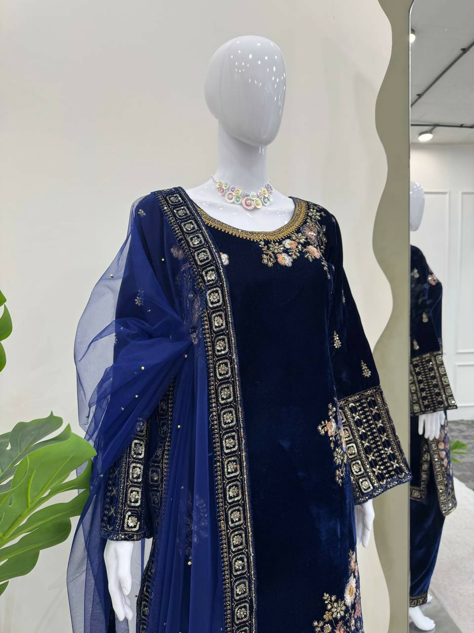 Vastranavya Navy Blue Viscose Velvet Sequence Embroidery Work Kurta & Bottom With Dupatta