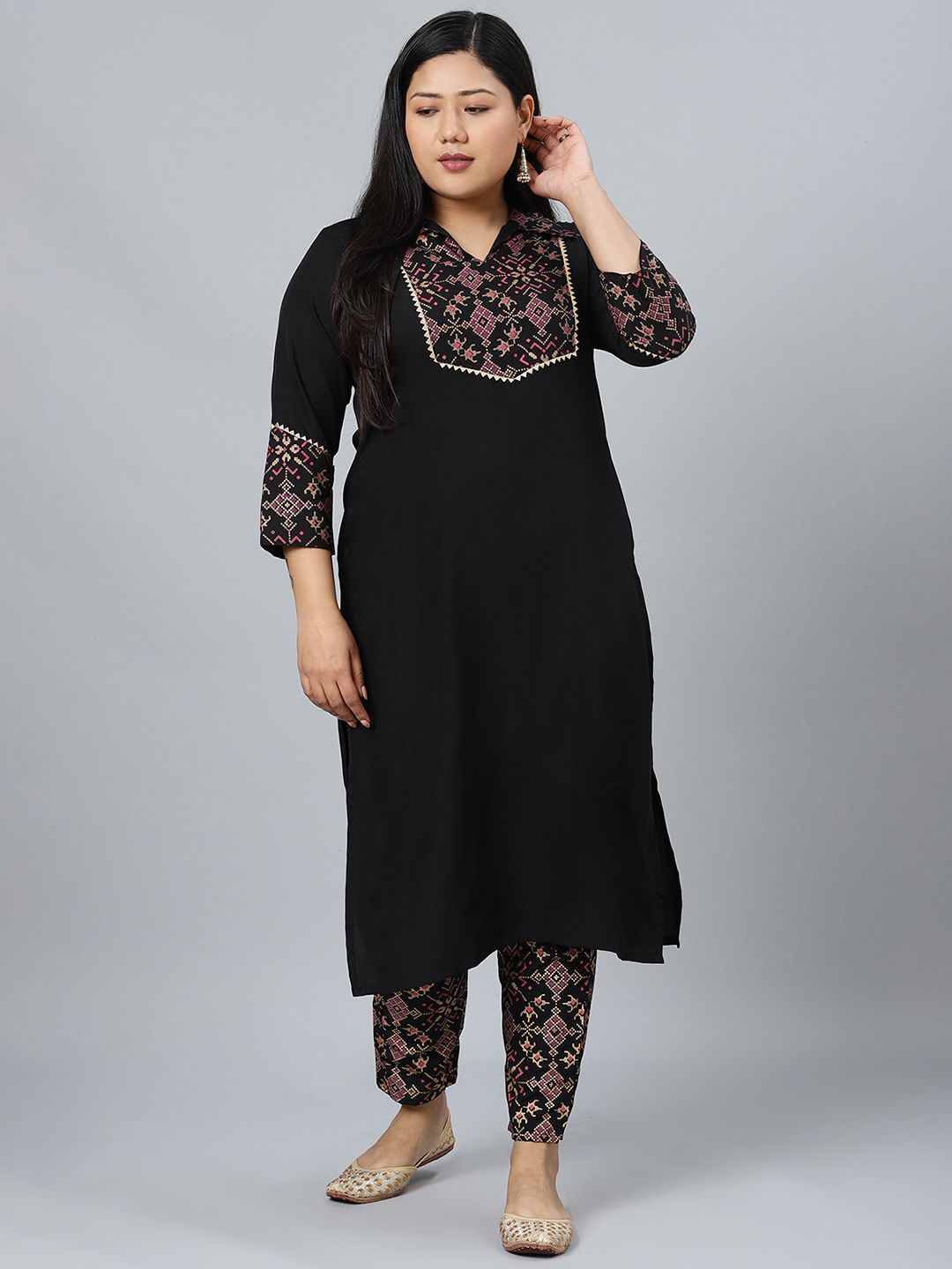 Sztori Plus Size Geometric Printed Shirt Collar Straight Kurta With Trousers - Distacart