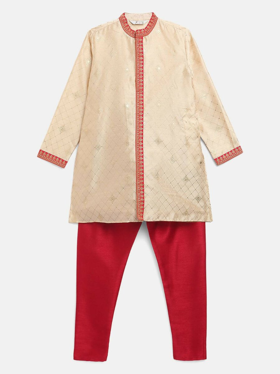 Ahalyaa Beige Poly Silk Gold Print Kids Kurta Churidar Set For Boys - Distacart