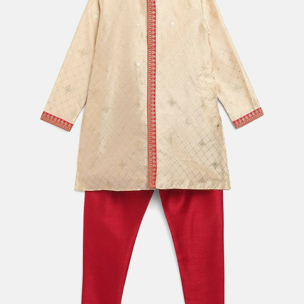 Ahalyaa Beige Poly Silk Gold Print Kids Kurta Churidar Set For Boys - Distacart