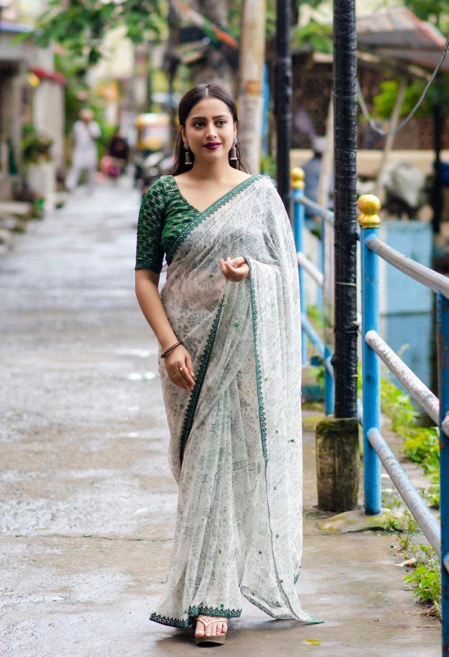 Green Pure Georgette Warli Saree with Unstitched Blouse - A2M - Distacart