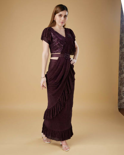 Wine Imported Crush Solid Ready to Wear Saree with stitched Blouse - Aayan - Distacart