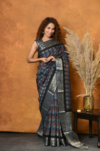 Thumbnail for Very Much Indian Modal Silk Ajrakh Handblock Printed Natural Dyes With Designer Border Saree - Black - Distacart