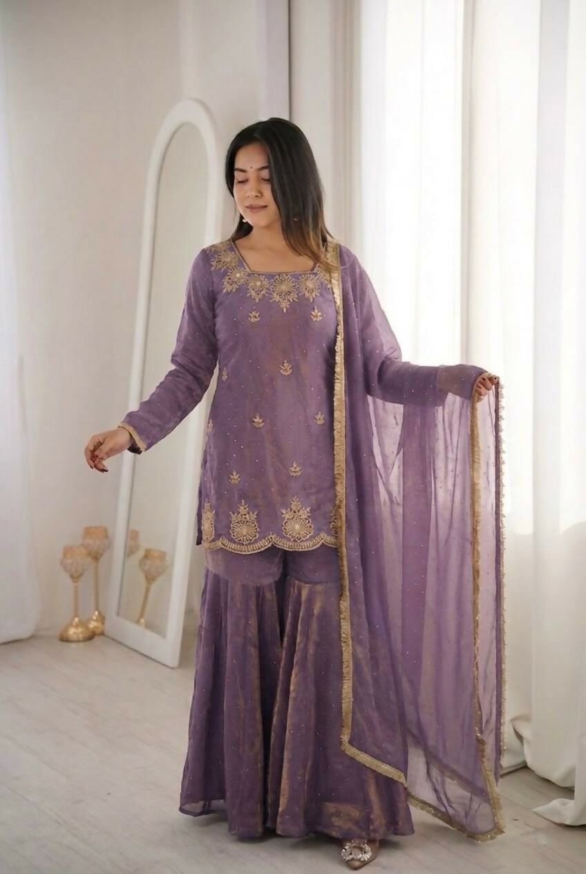 Teeya Creation Womens New Fancy Embroidery Sequence Work With Zarkan Diamond Work Kurta Set - Dista