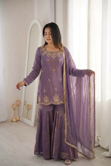 Teeya Creation Womens New Fancy Embroidery Sequence Work With Zarkan Diamond Work Kurta Set - Dista