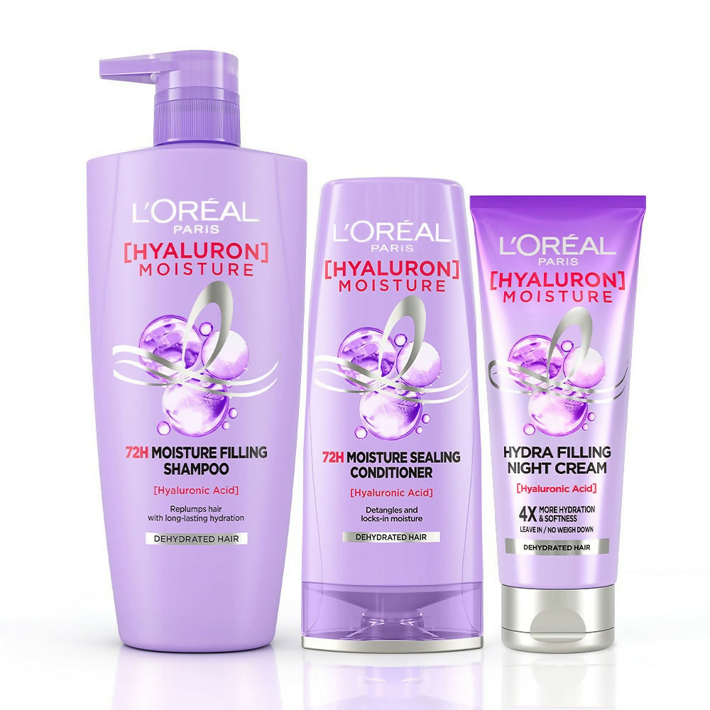 L'Oreal Paris Hyaluron Moisture Combo for 72HR Hydrated Hair Shampoo + Conditioner + Night Cream - Distacart