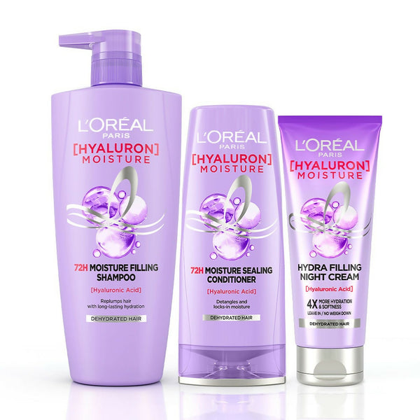 L'Oreal Paris Hyaluron Moisture Combo for 72HR Hydrated Hair Shampoo + Conditioner + Night Cream - Distacart