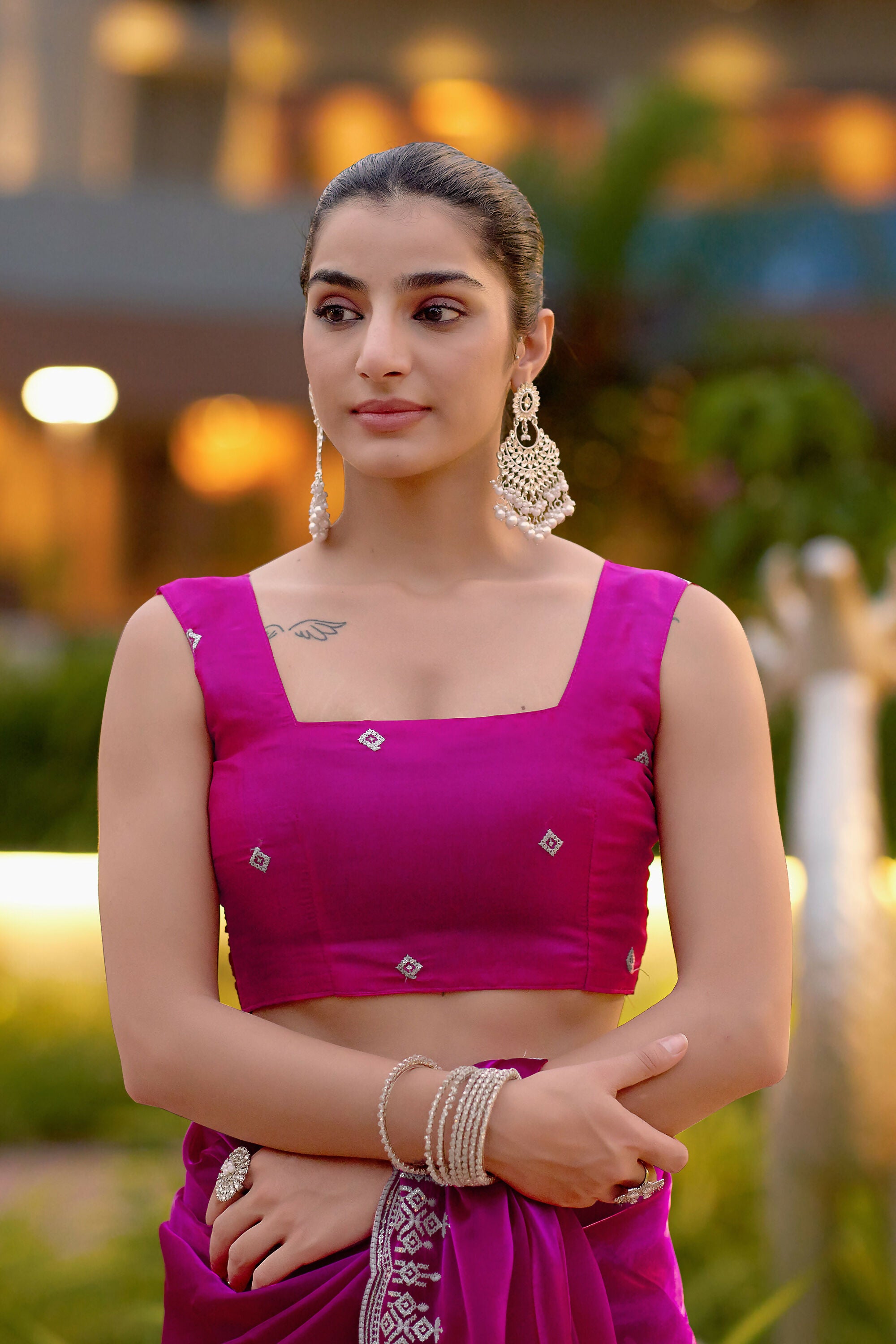 Vastranavya Pink Embroidery Work Shimmer Chiffon Saree with Unstitched Blouse