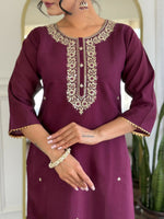 Thumbnail for The52 Wine Women's Gorgeous Rayon Fabric Embroidered Work Straight Kurta Pant and Dupatta Set - Distacart