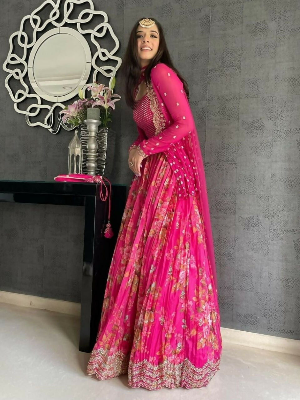 Jyoti Fashion Pink Jari with Sequin Embroidered Georgette Semi Lehenga Choli with Dupatta - Distacart