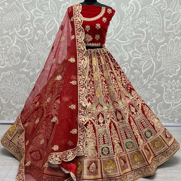 Jyoti Fashion Women's Red Velvet Dori, Multi Thread Embroidered with Diamond Work Wedding Lehenga Choli - Distacart