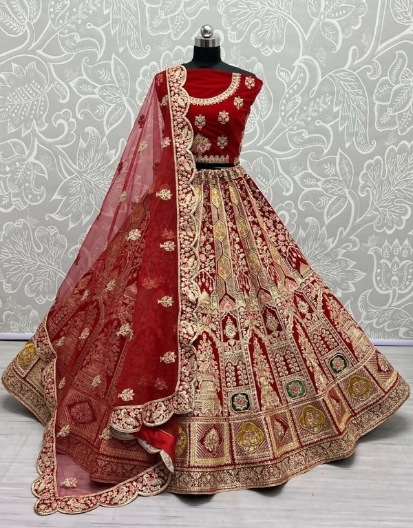 Jyoti Fashion Women's Red Velvet Dori, Multi Thread Embroidered with Diamond Work Wedding Lehenga Choli - Distacart