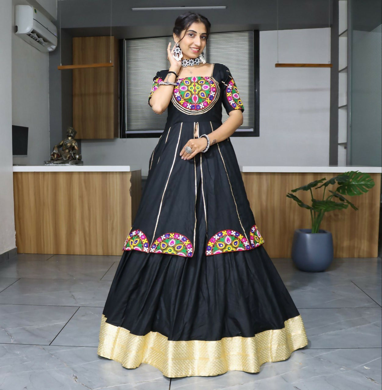 Yash Enterprise Black Rayon Cotton Embroidery Semi Stitched Navratri Top Chaniya Choli - Dista