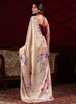 Thumbnail for Vastranavya Cream Satin Silk Floral Printed with Pearl Lace Saree with Unstitched Blouse - Distacart