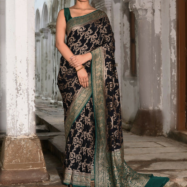 Joban Fashion Navy Blue Crepe Chiffon Pure Handloom Banarasi Silk Saree