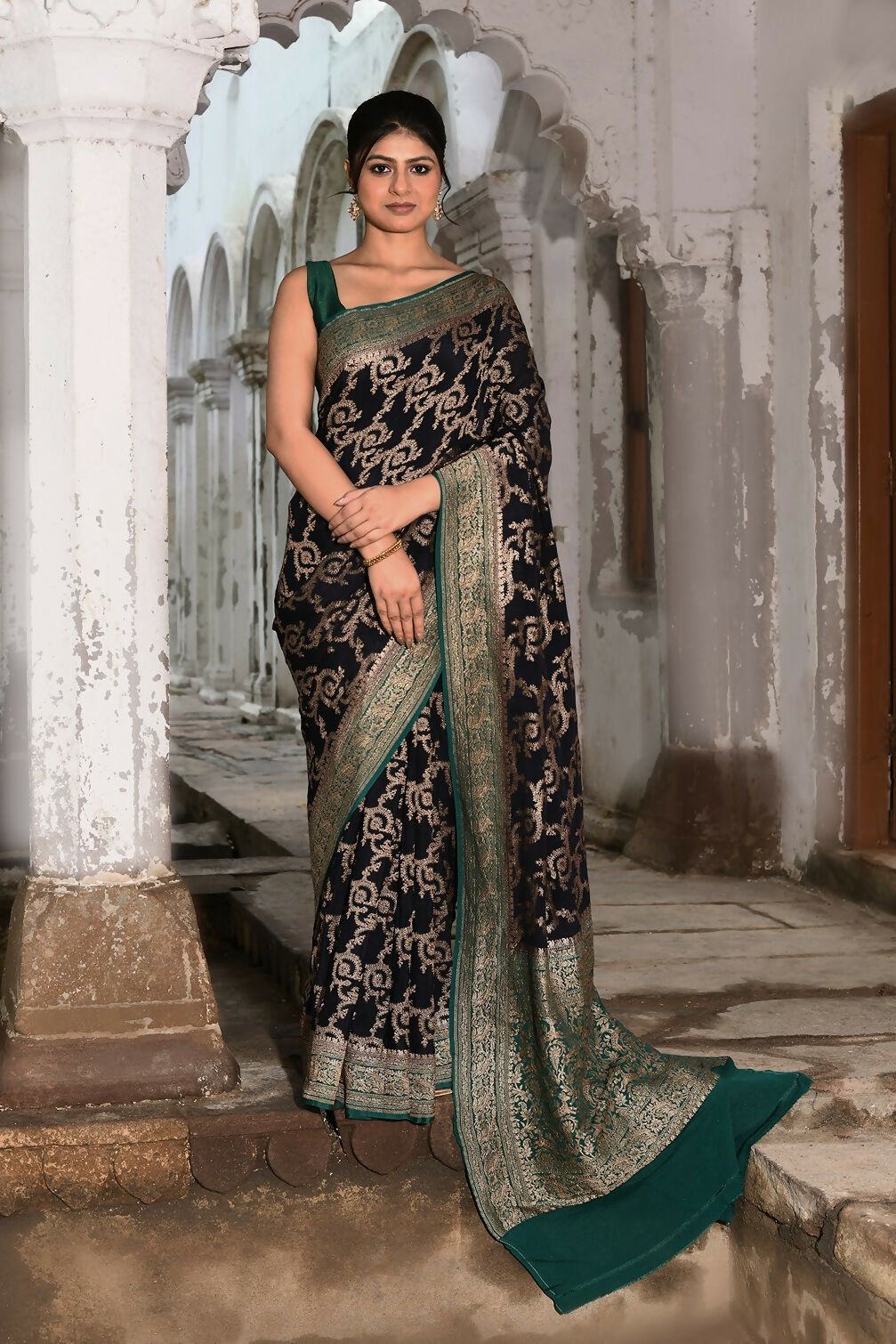Joban Fashion Navy Blue Crepe Chiffon Pure Handloom Banarasi Silk Saree - Dista